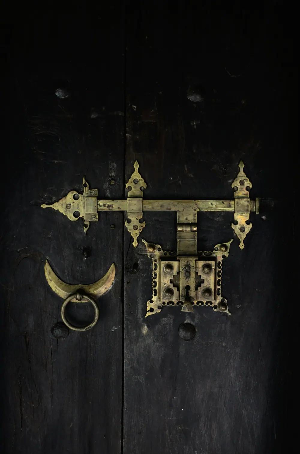 Traditional brass lock on a black wooden door