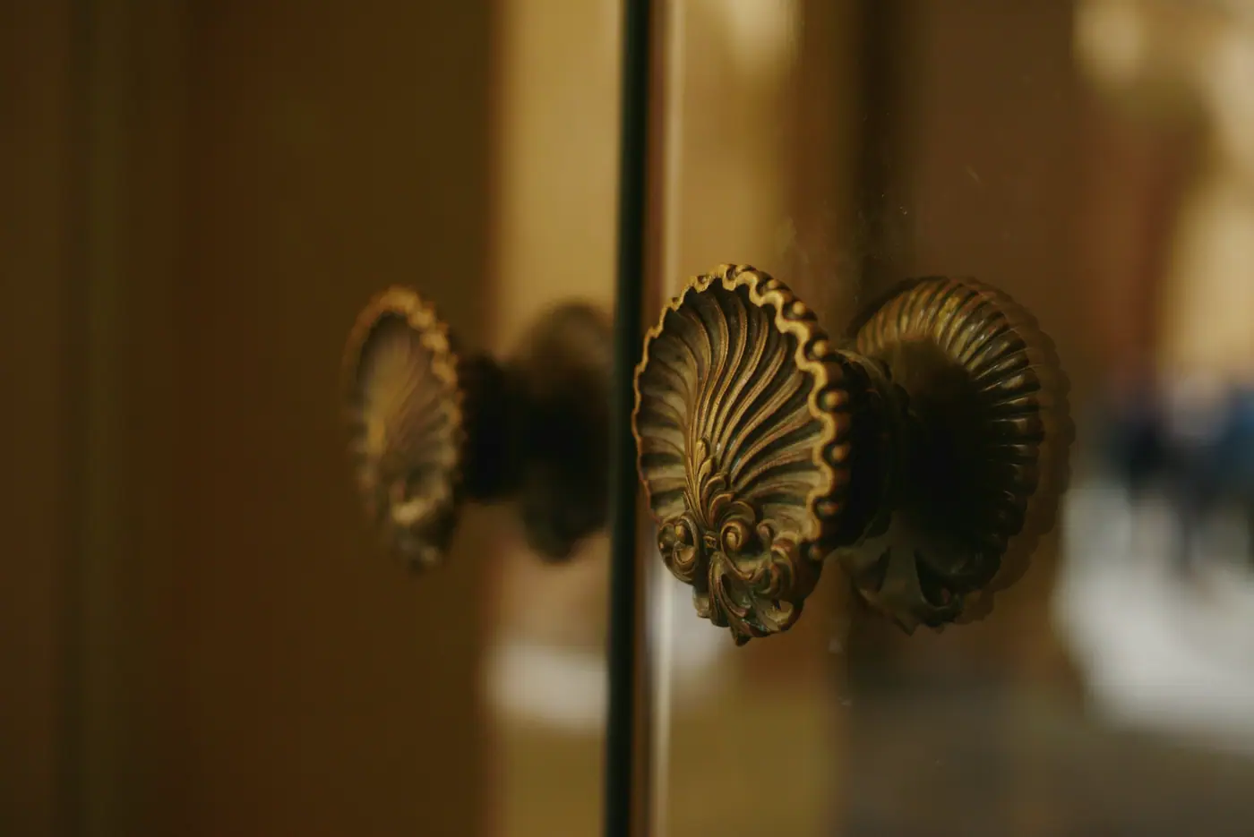 Brass shell pull on a glass cabinet door in warm light