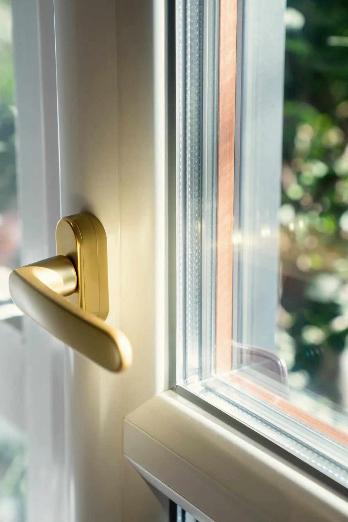 Brass handle on a white window frame in sunlight