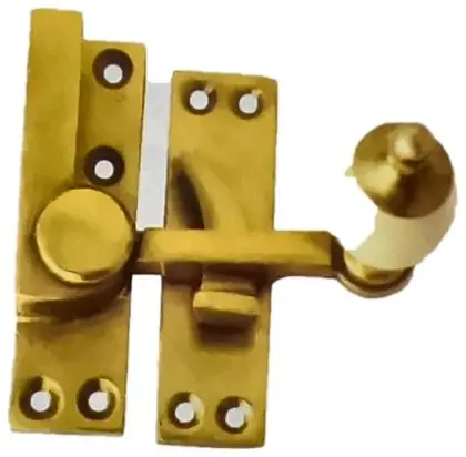 Sash fastener with porcelain knob, item SE-5032, brass polished lacquered